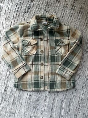 Kids Plaid Fleece Shacket - Green & Cream